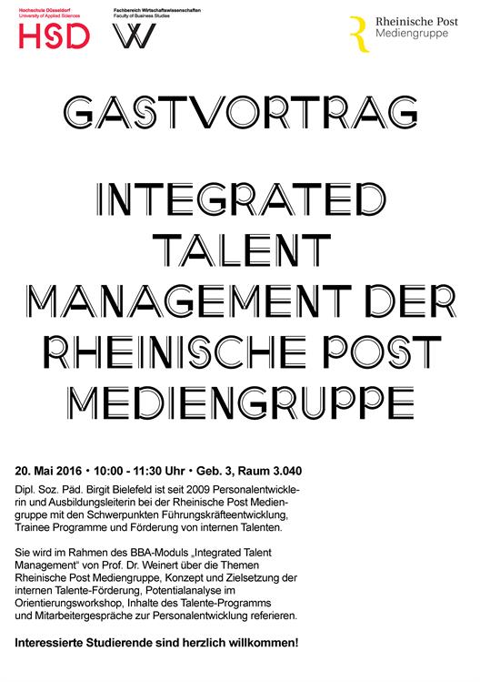 Wir sehen ein Plakat, das den Gastvortrag von Frau Bielefeld ankündigt. Im oberen Bereich befinden sich die Logos der HSD und des Fachbereiches sowie das Logo der Rheinische Post Mediengruppe. Der Fließtext gibt den Text der Ankündigung in verkürzter Form wieder.
