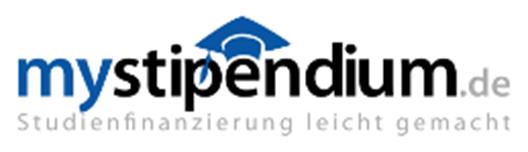 Man sieht das Logo der stipendienplattform mystipendium.de. Es besteht aus der Zeile "mystipendium.de", die mittig mit einem stilisierten Doktorhut verziert ist. In der zweiten Zeile steht der Claim "Studienfinanzierung leicht gemacht".