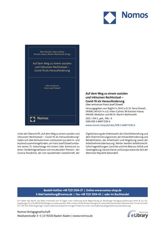 Verlagsinformationen zur Festschrift „Auf dem Weg zu einem sozialen und inklusiven Rechtsstaat – Covid-19 als Herausforderung“ 