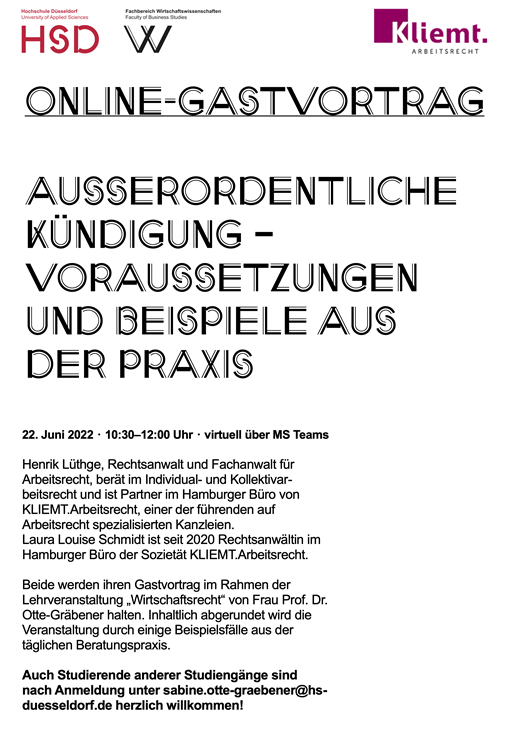 22.06.: Gastvortrag von RA Henrik Lüthge und RAin Laura Louise Schmidt, beide KLIEMT.Arbeitsrecht 