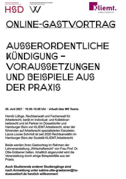 Gastvortrag von RA Henrik Lüthge und RAin Laura Louise Schmidt, beide KLIEMT.Arbeitsrecht 