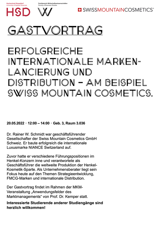 Gastvortrag „Erfolgreiche internationale Markenlancierung und Distribution – am Beispiel Swiss Mountain Cosmetics.“