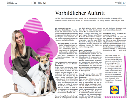Interview Laura Arendt in Lebensmittel Zeitung Ausgabe 44 vom 05. November 2021