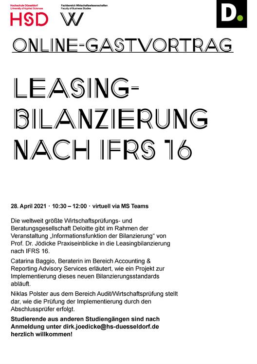 Die Beratungs- und Wirtschaftsprüfungsgesellschaft Deloitte gibt im Rahmen der Veranstaltung „Informationsfunktion der Bilanzierung“ am 28.04.2021 von 10:30 Uhr bis 12:00 Uhr Praxiseinblicke in die Leasingbilanzierung nach IFRS 16.