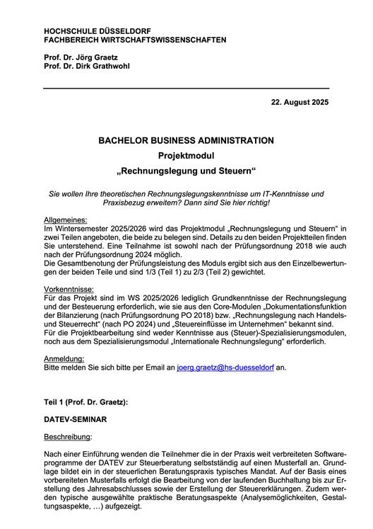 BACHELOR BUSINESS ADMINISTRATION, Projektmodul 
„Rechnungslegung und Steuern“