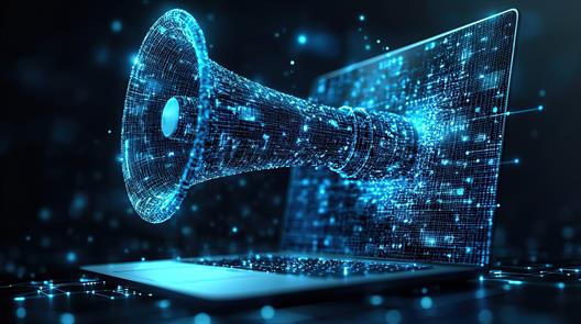 Ein Lautsprecher, der aus dem Bildschirm eines Laptops herausragt.